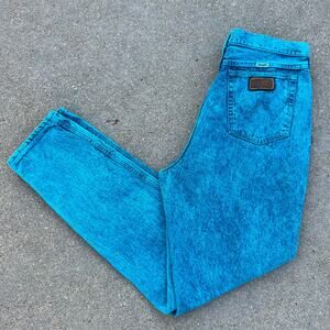 80s Wrangler acid wash neon teal high rise taper ankle wedgy fit cowgirl jeans